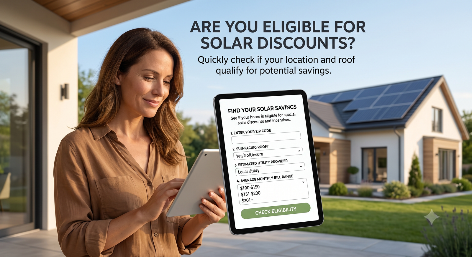 A woman stands on a modern home's patio holding a tablet that displays a solar savings eligibility form, with a house featuring rooftop solar panels visible in the sunlit backyard behind her.